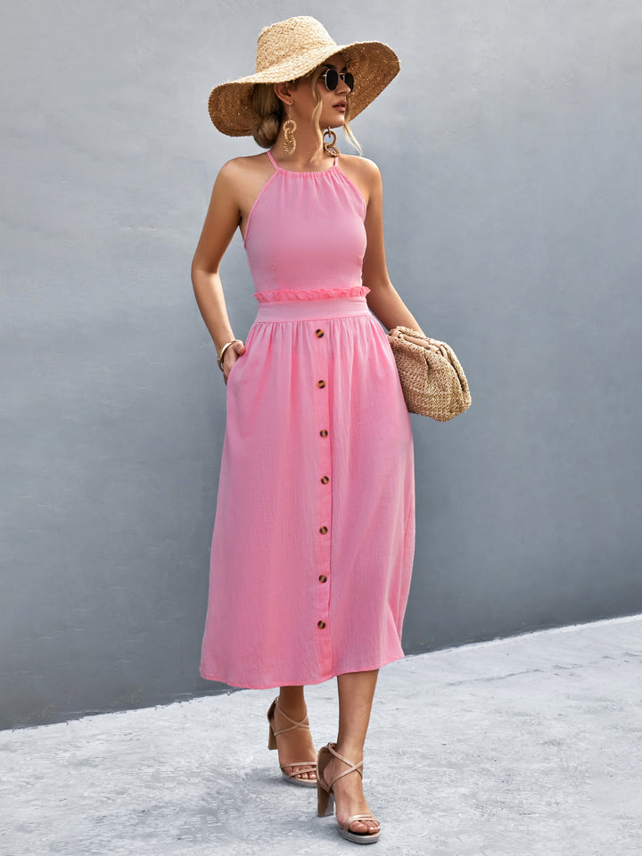 Buttoned Halter Neck Frill Trim Midi Dress - Runway Frenzy