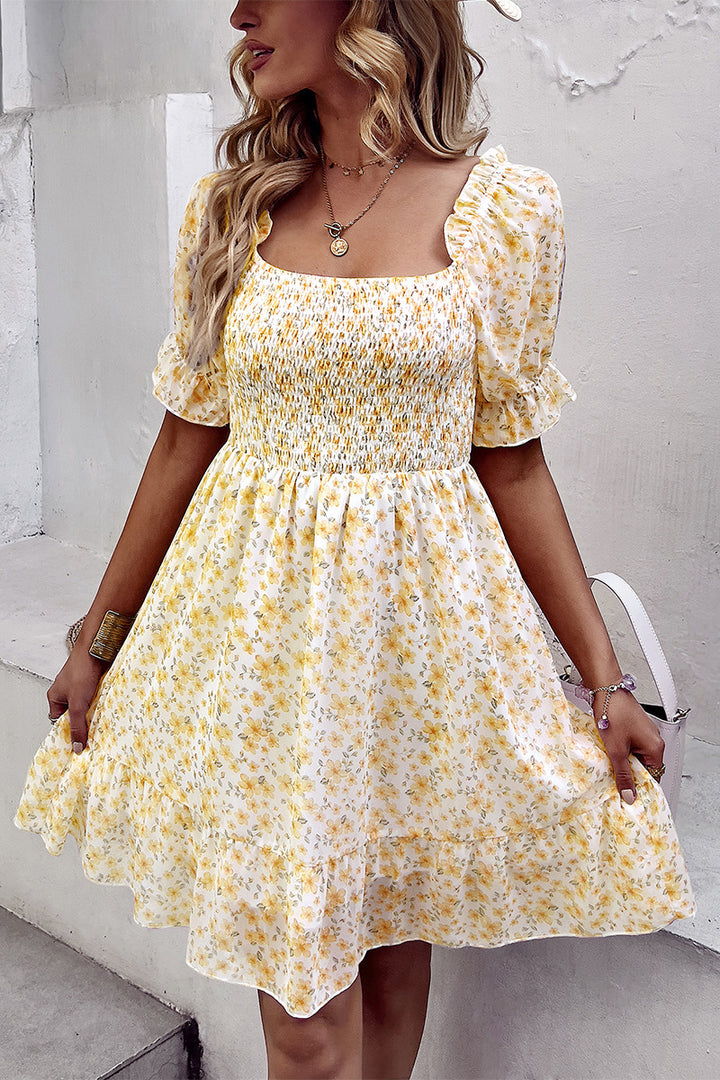 Floral Smocked Square Neck Flounce Sleeve Dress - Runway Frenzy