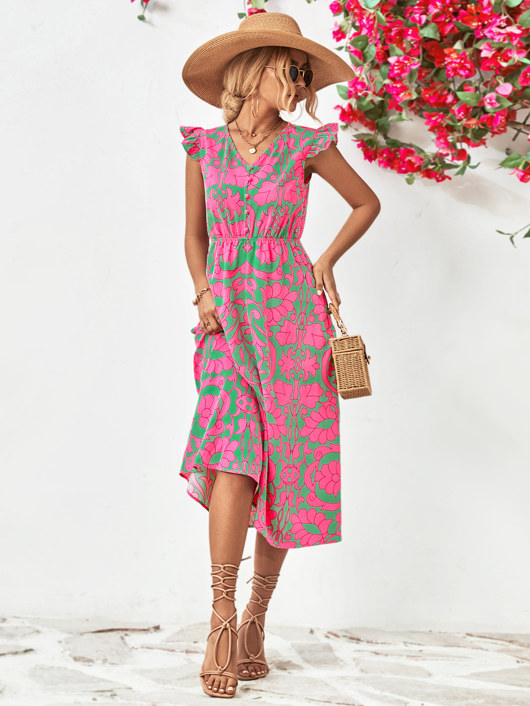 Floral V-Neck Cap Sleeve Dress - Runway Frenzy