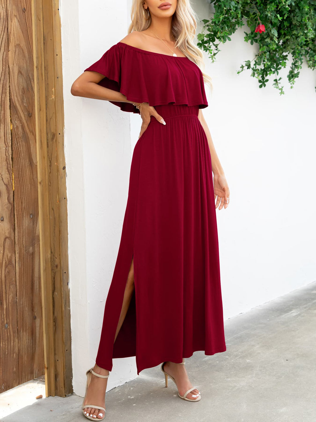 Off-Shoulder Slit Maxi Dress - Runway Frenzy 