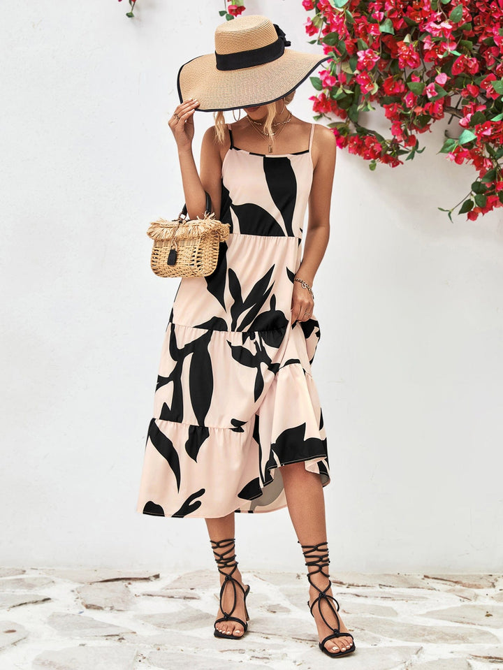 Printed Spaghetti Strap Tiered Midi Dress - Runway Frenzy