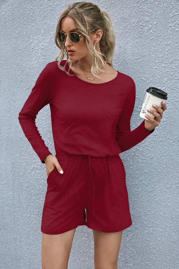 Drawstring Waist Long Sleeve Romper - Runway Frenzy