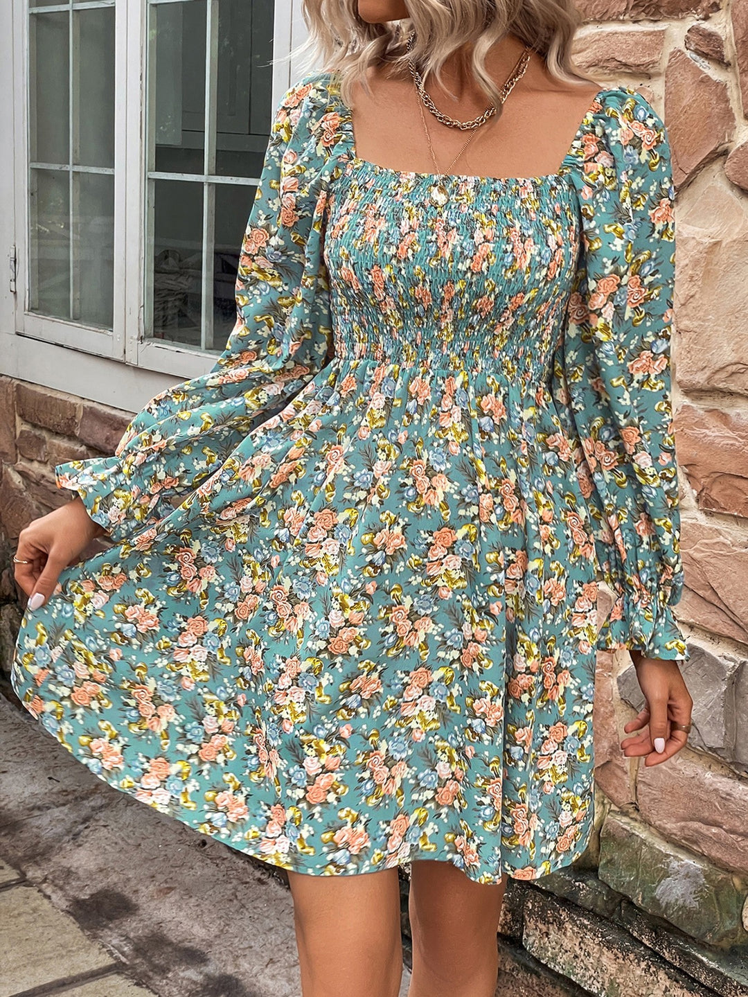 Floral Smocked Flounce Sleeve Square Neck Dress - Runway Frenzy