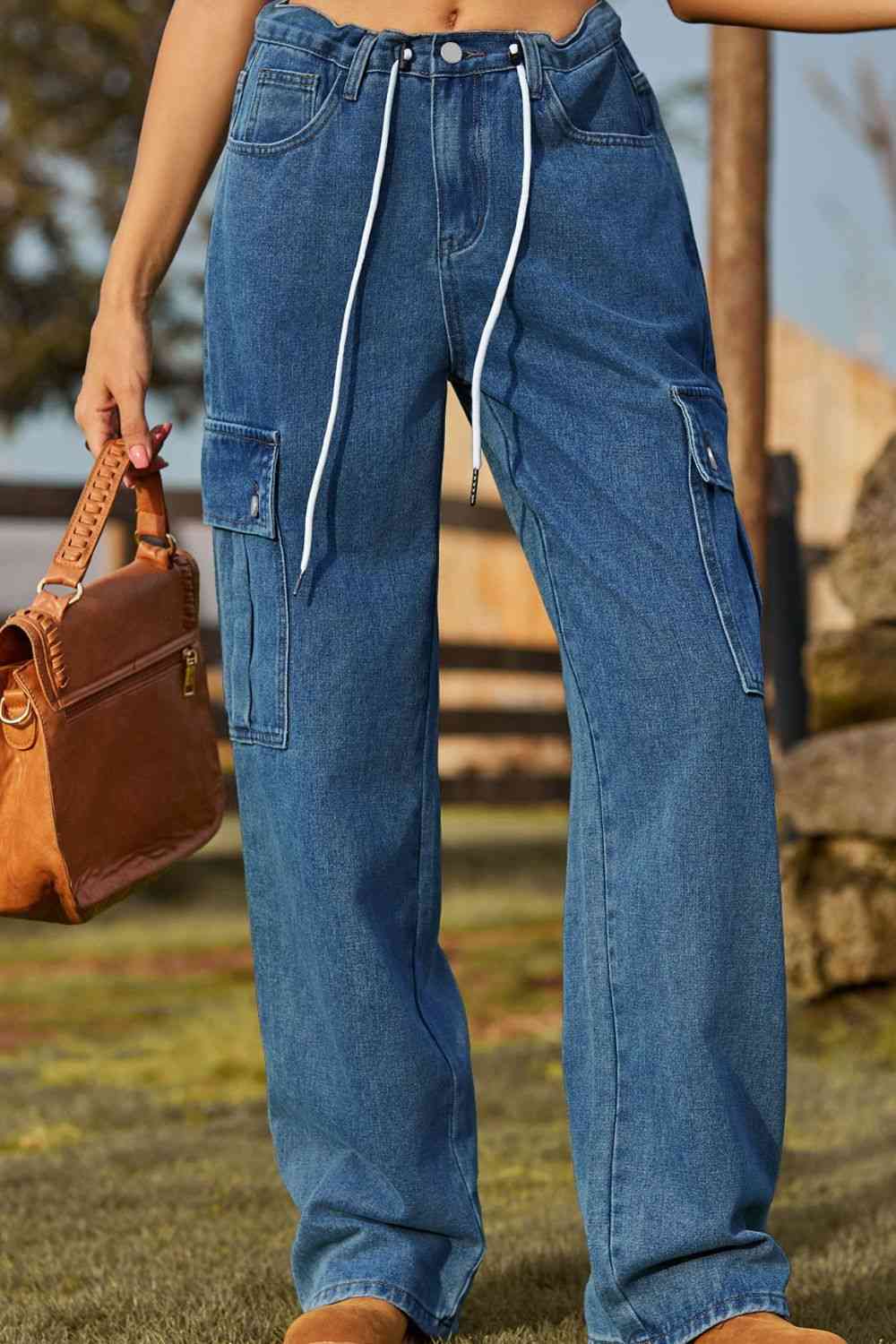 Loose Fit Drawstring Jeans with Pocket Trendsi