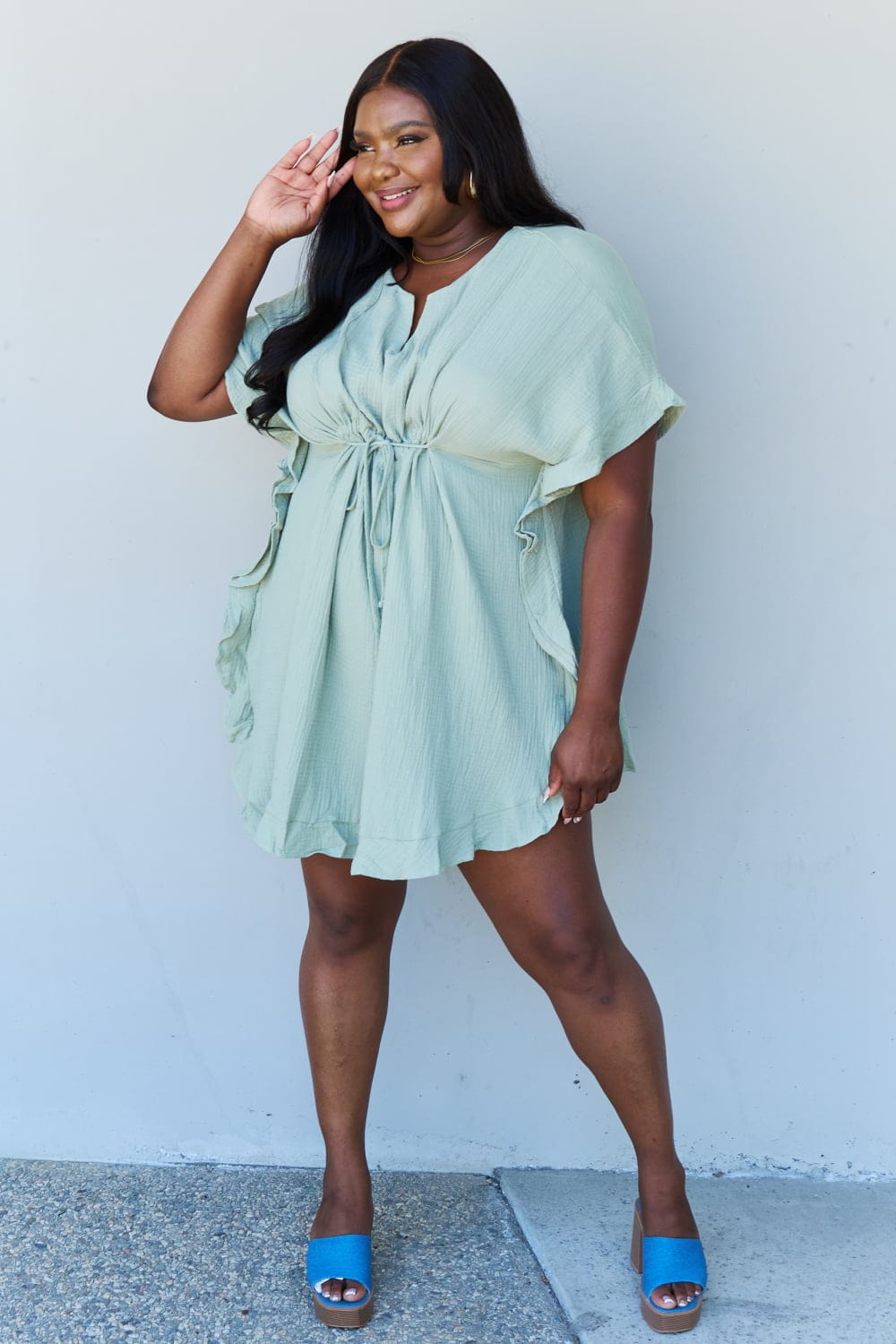 Ninexis Out Of Time Full Size Ruffle Hem Dress with Drawstring Waistband in Light Sage - Runway Frenzy 