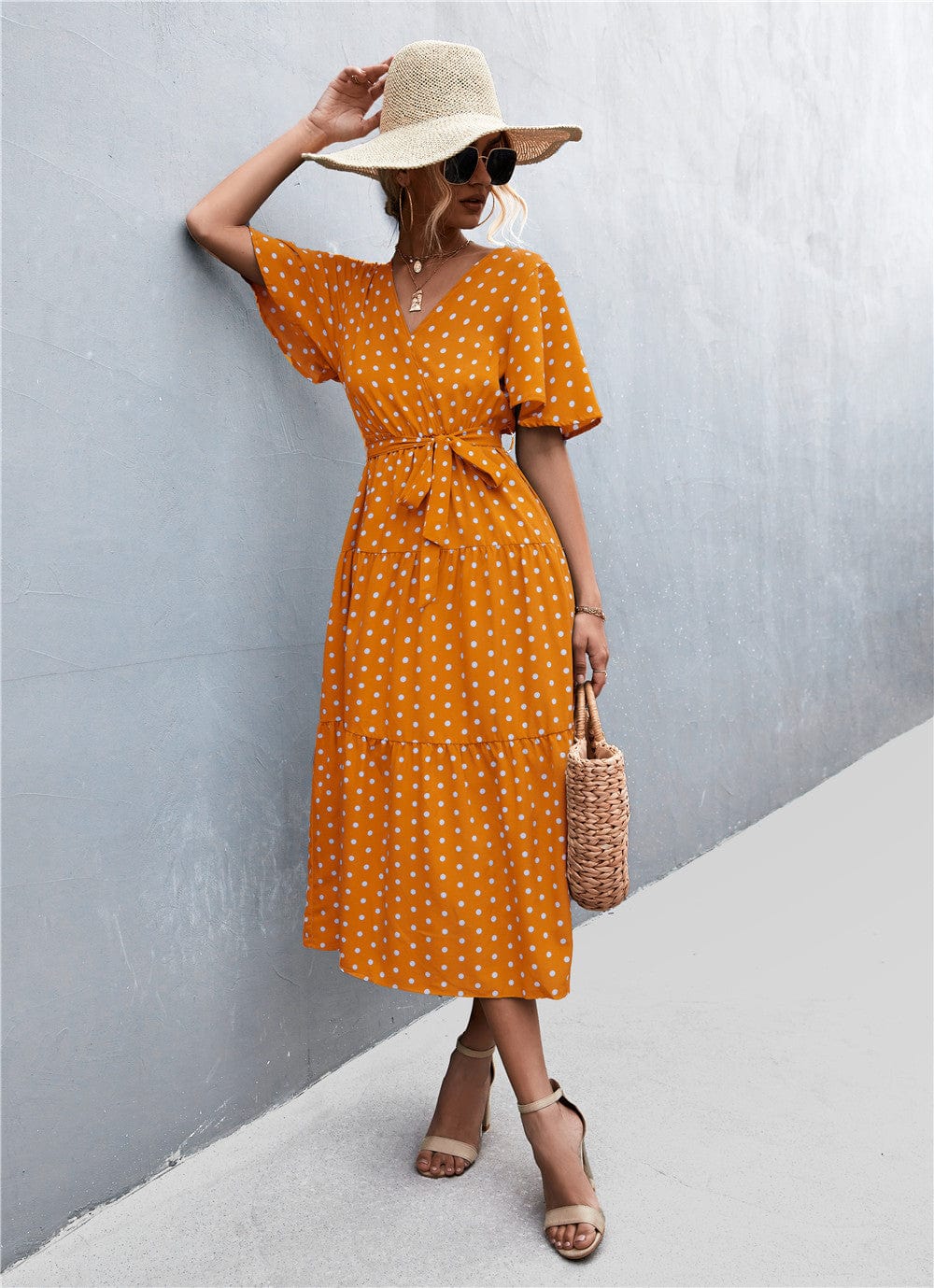 Printed V-Neck Flutter Sleeve Belted Dress - Runway Frenzy