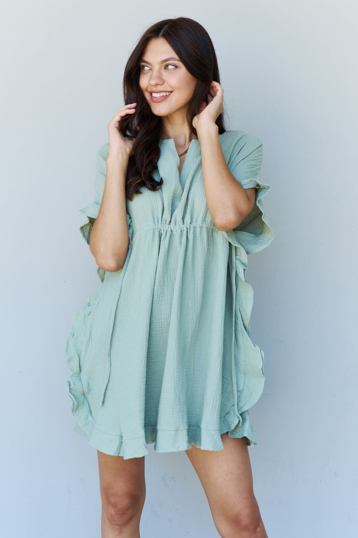 Ninexis Out Of Time Full Size Ruffle Hem Dress with Drawstring Waistband in Light Sage - Runway Frenzy 