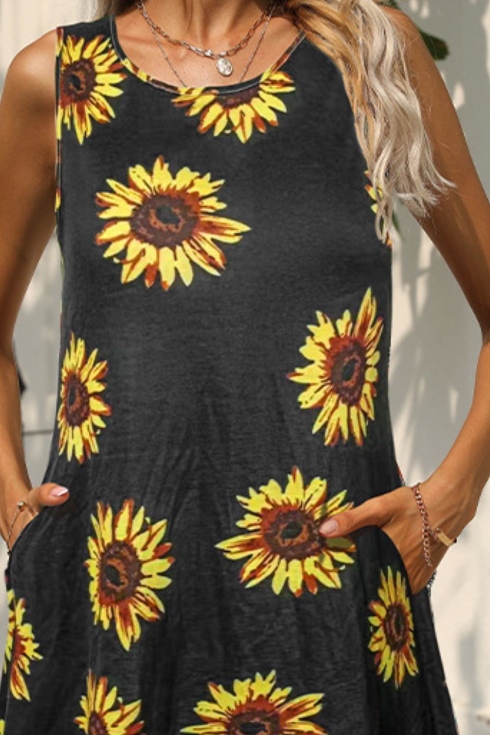 Printed Round Neck Sleeveless Dress with Pockets - Runway Frenzy 