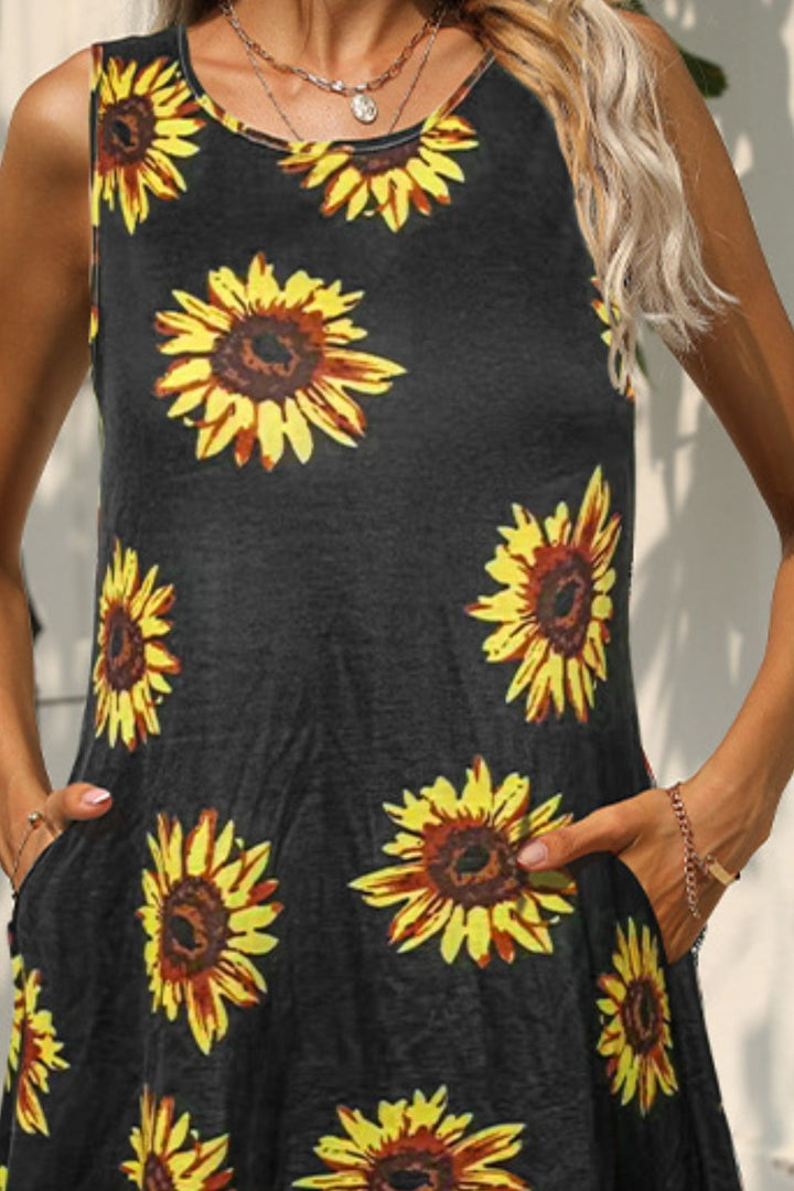 Printed Round Neck Sleeveless Dress with Pockets - Runway Frenzy 