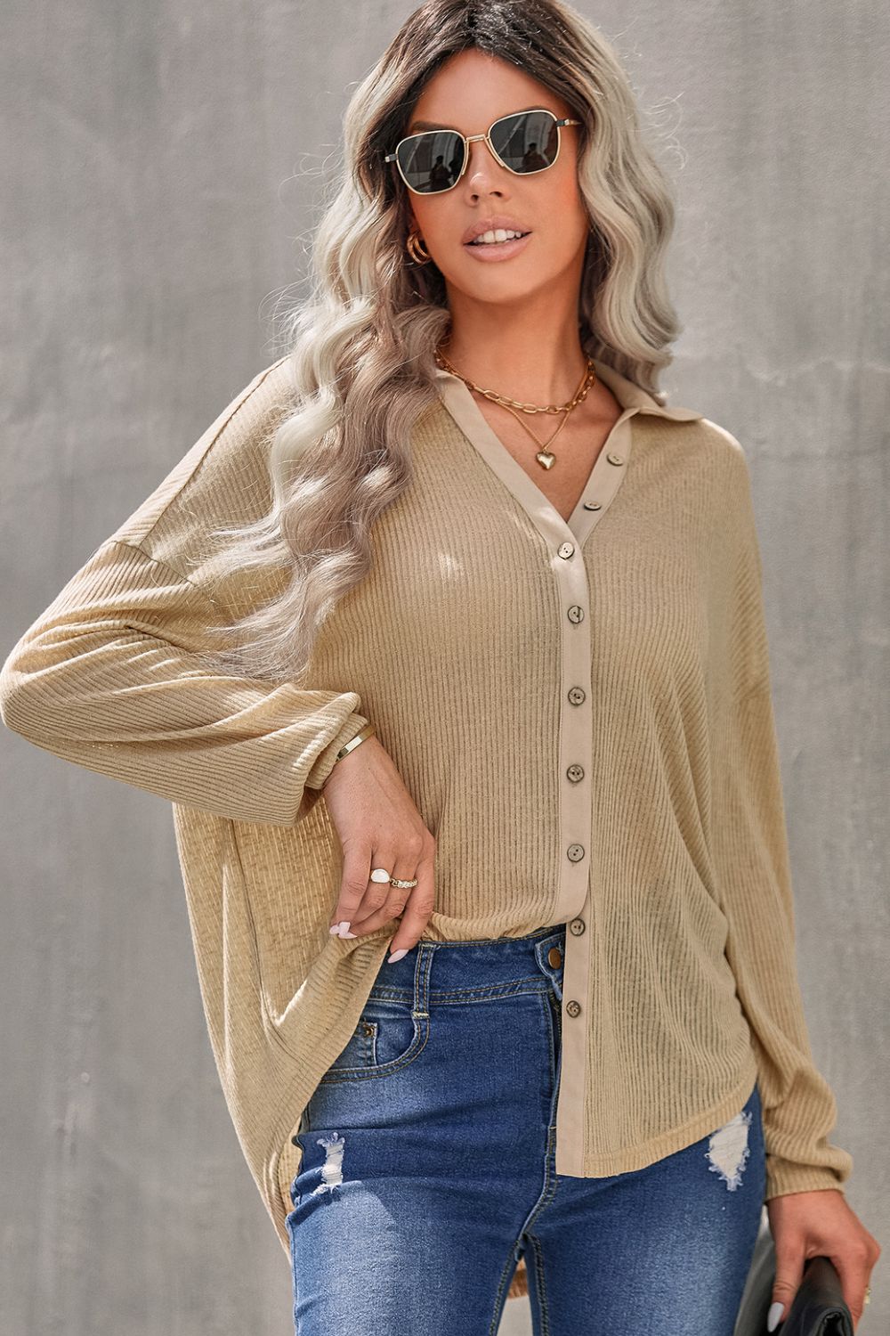 Button Front Dropped Shoulder Knit Shirt - Runway Frenzy