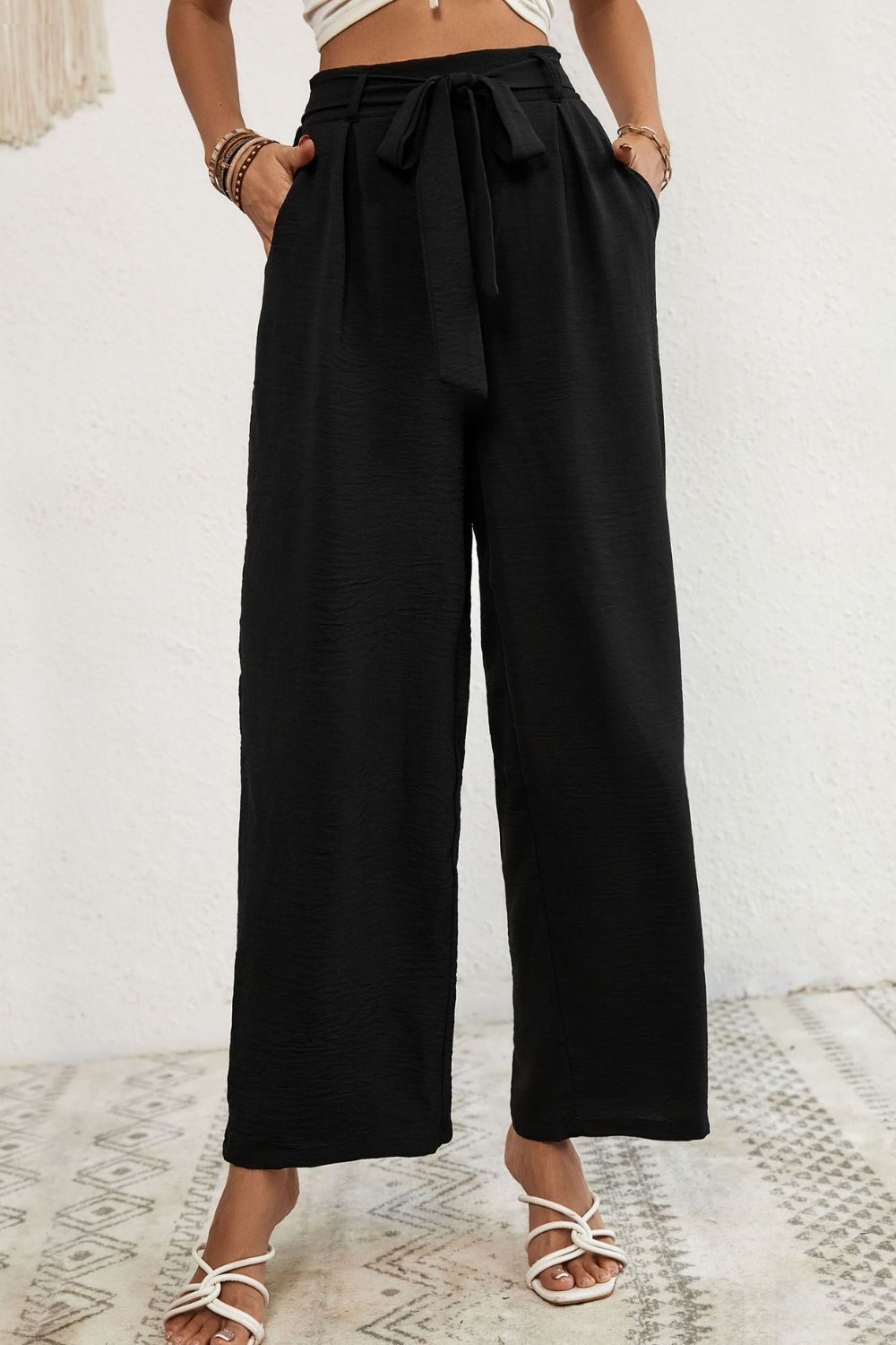 Belted Pleated Waist Wide Leg Pants - Runway Frenzy