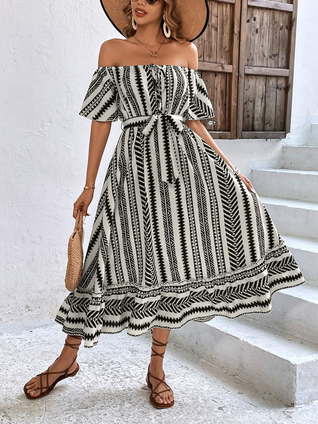 Printed Off-Shoulder Tie Belt Midi Dress - Runway Frenzy 