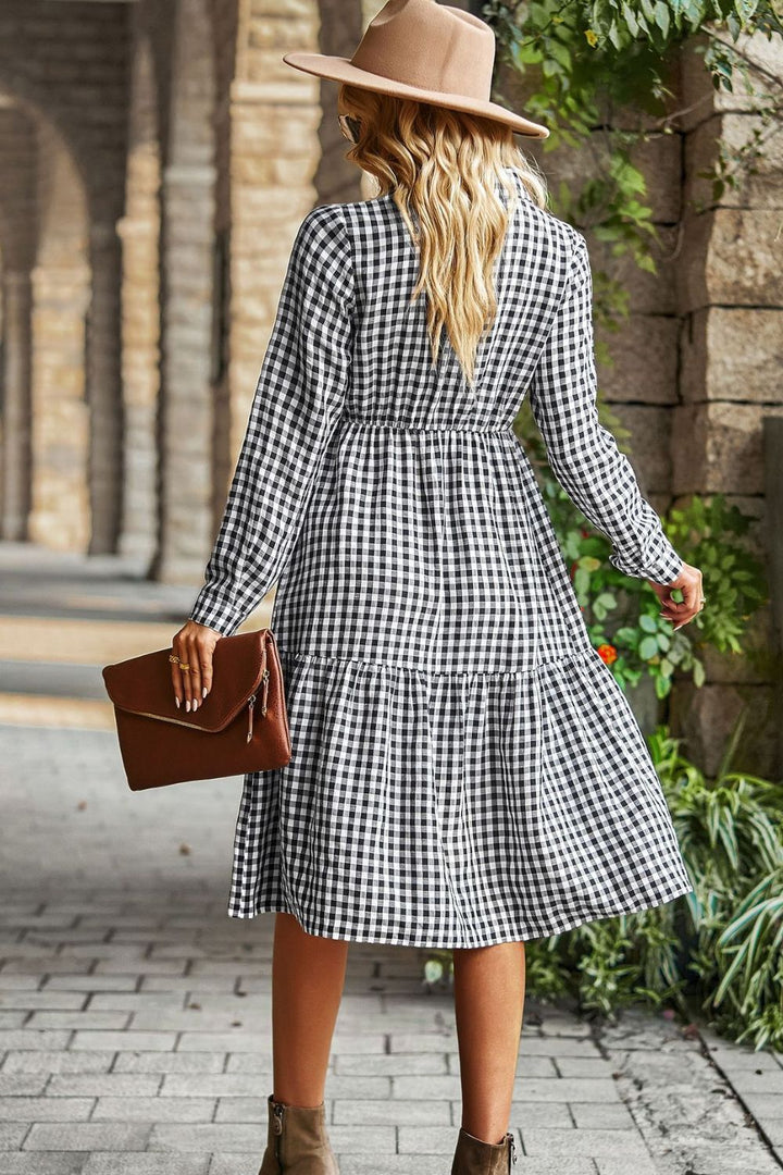 Collared Neck Long Sleeve Midi Dress - Runway Frenzy