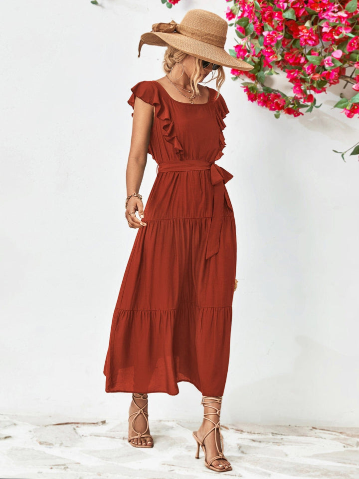 Tie Belt Ruffled Tiered Dress - Runway Frenzy 