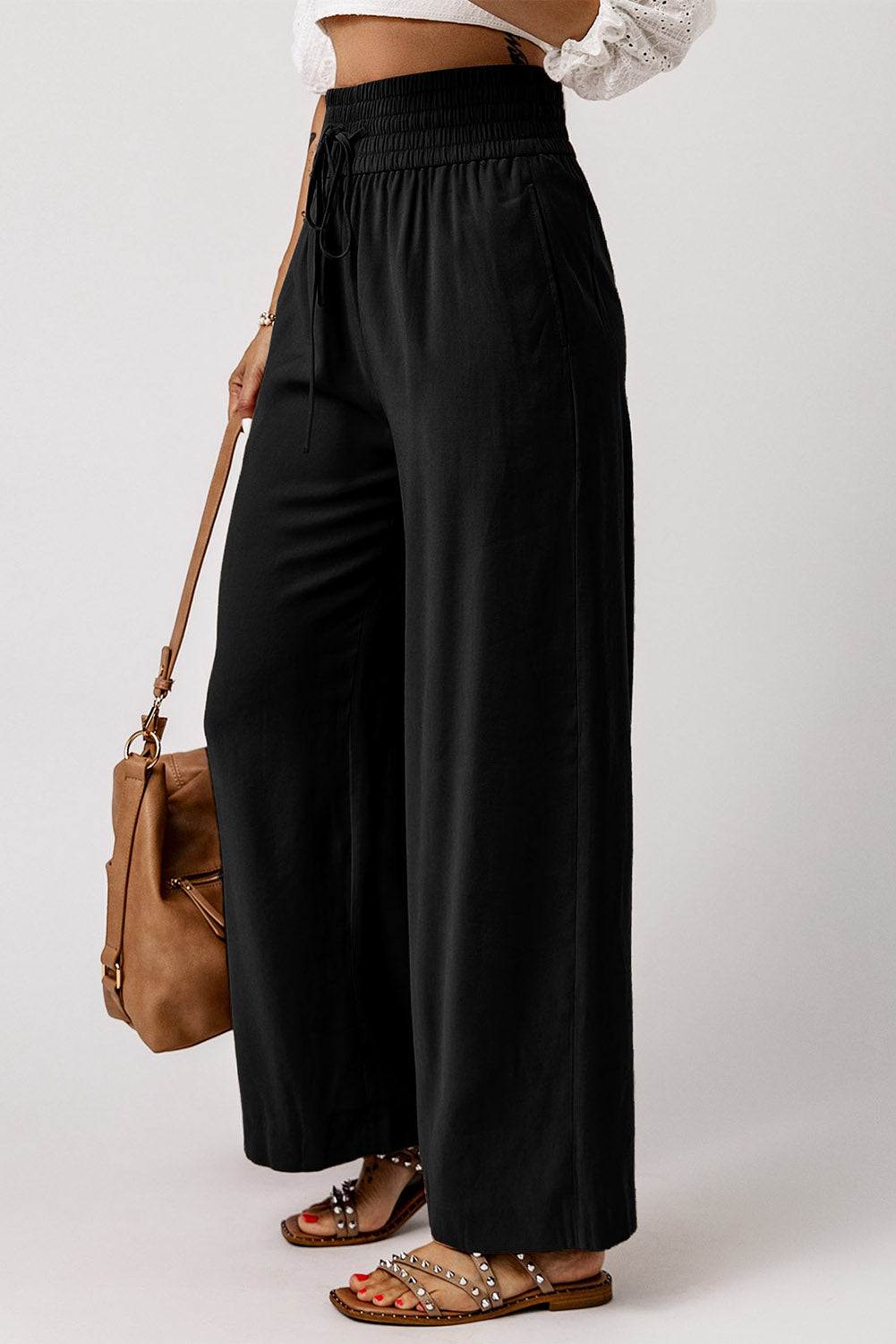 Drawstring Smocked Waist Wide Leg Pants - Runway Frenzy