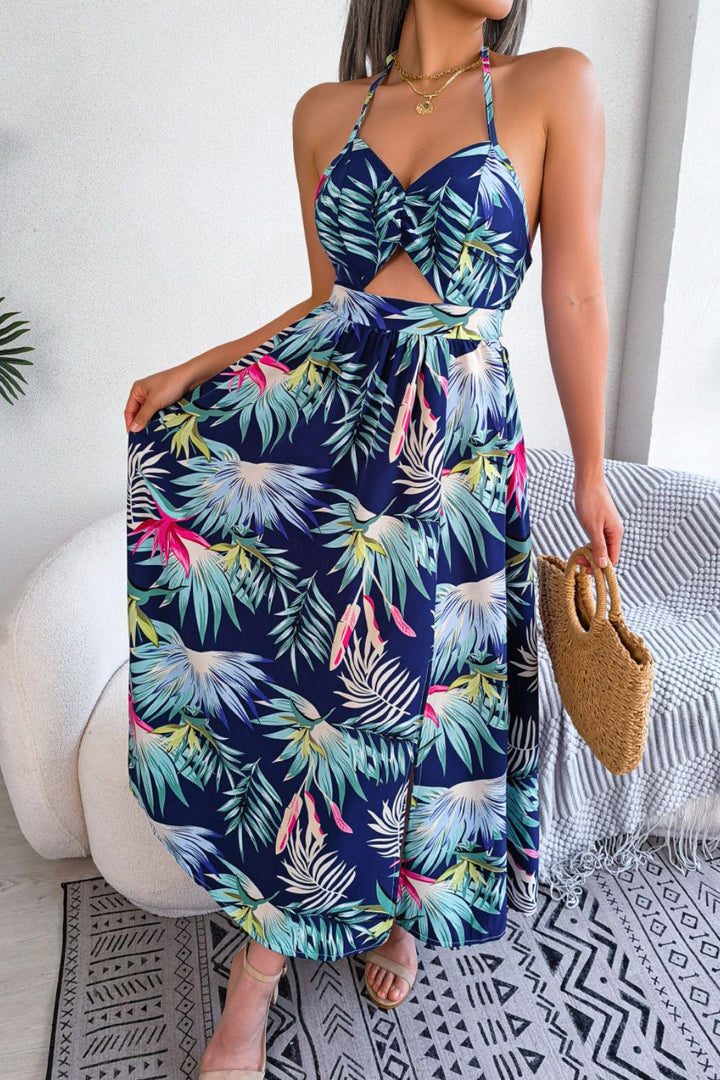 Botanical Print Tied Backless Cutout Slit Dress - Runway Frenzy