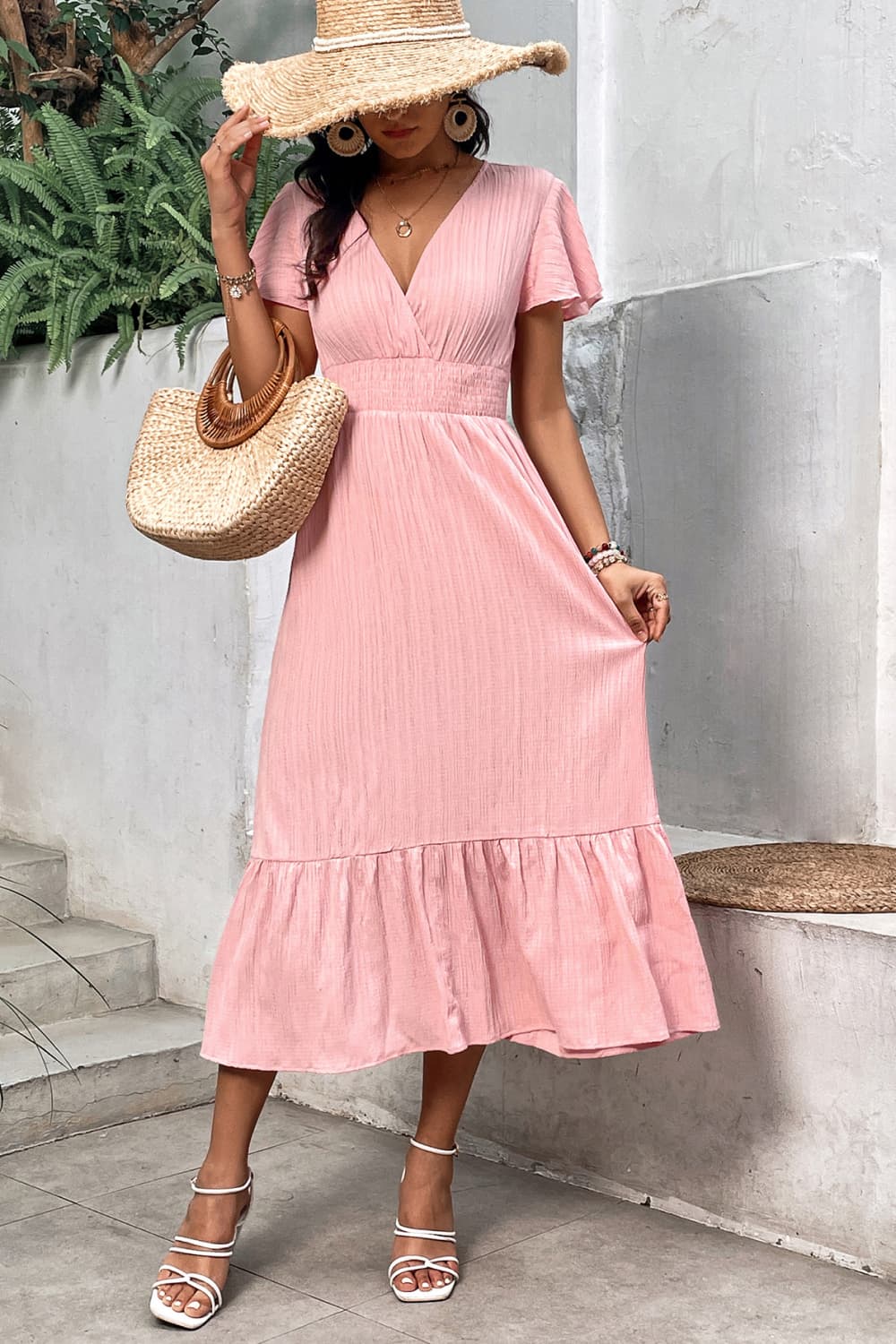 Surplice Neck Smocked Waist Flutter Sleeve Dress - Runway Frenzy 