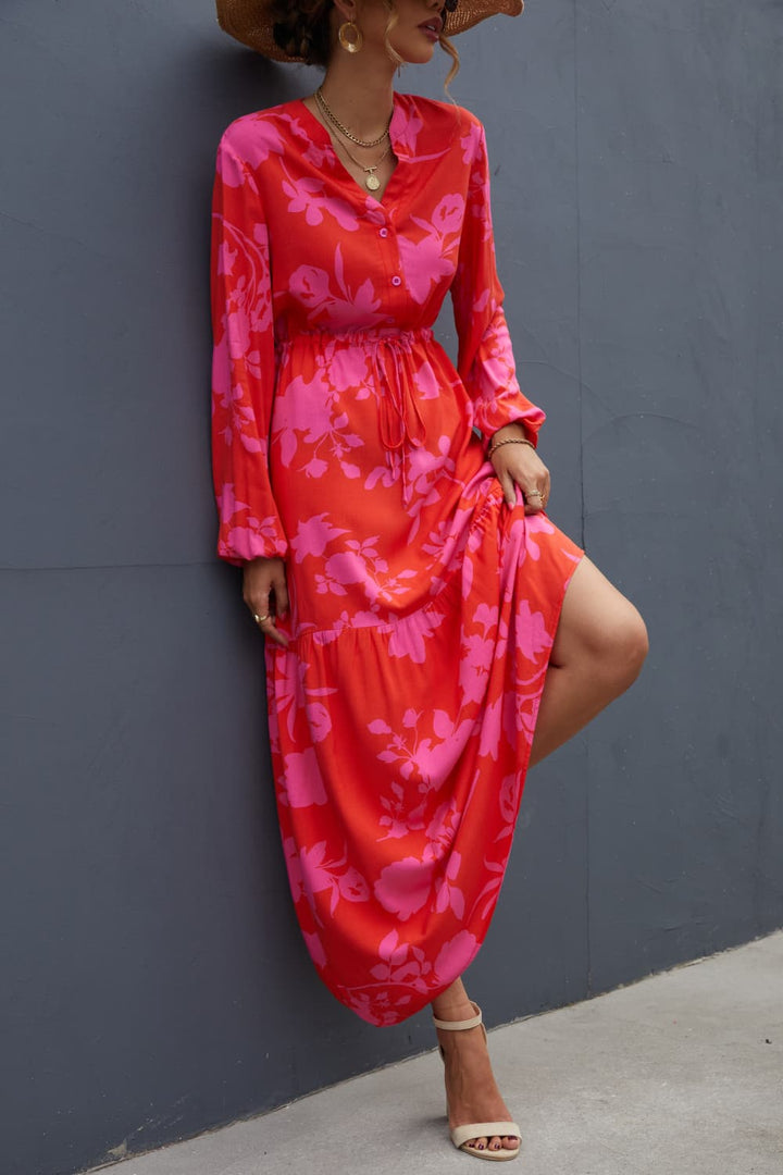 Floral Drawstring Waist Long Sleeve Dress - Runway Frenzy