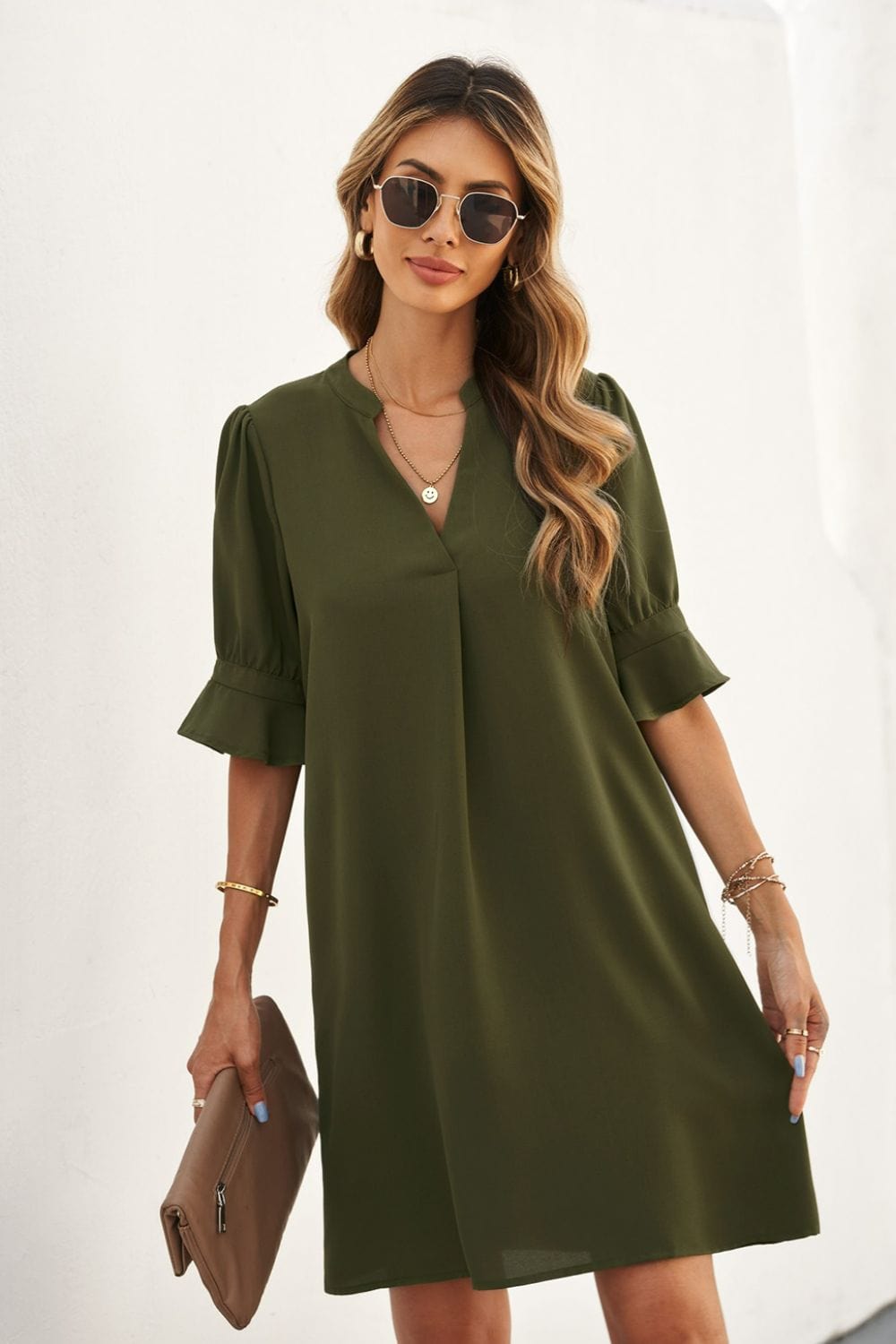 Puff Sleeve Notched Mini Shift Dress - Runway Frenzy 