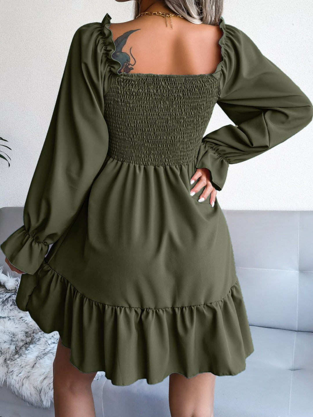 Smocked Flounce Sleeve Square Neck Dress - Runway Frenzy 