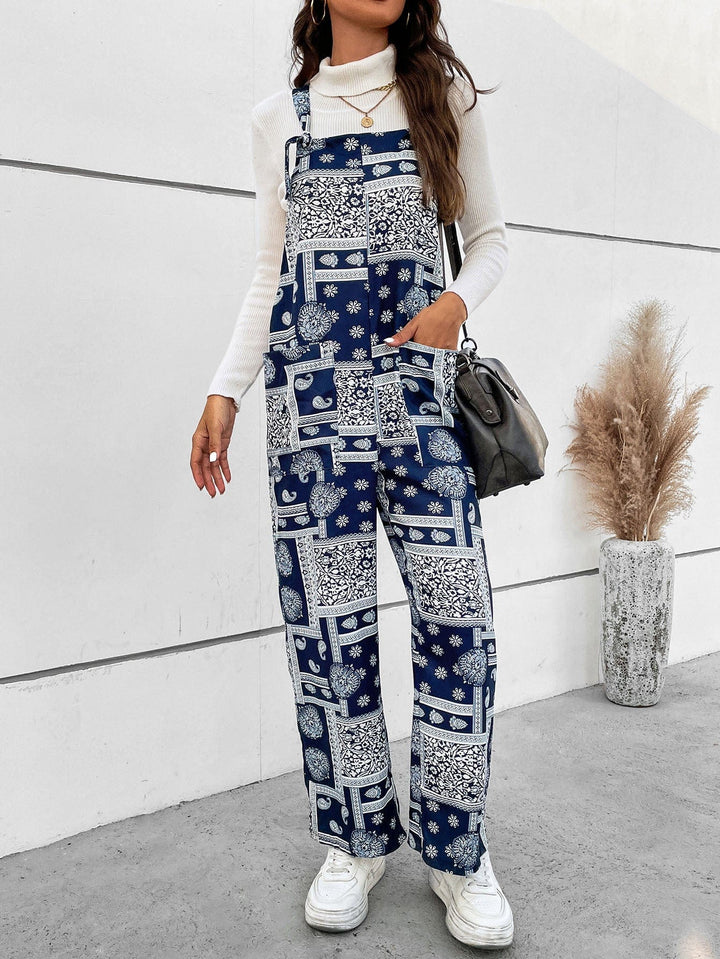 Printed Straight Leg Jumpsuit with Pockets - Runway Frenzy