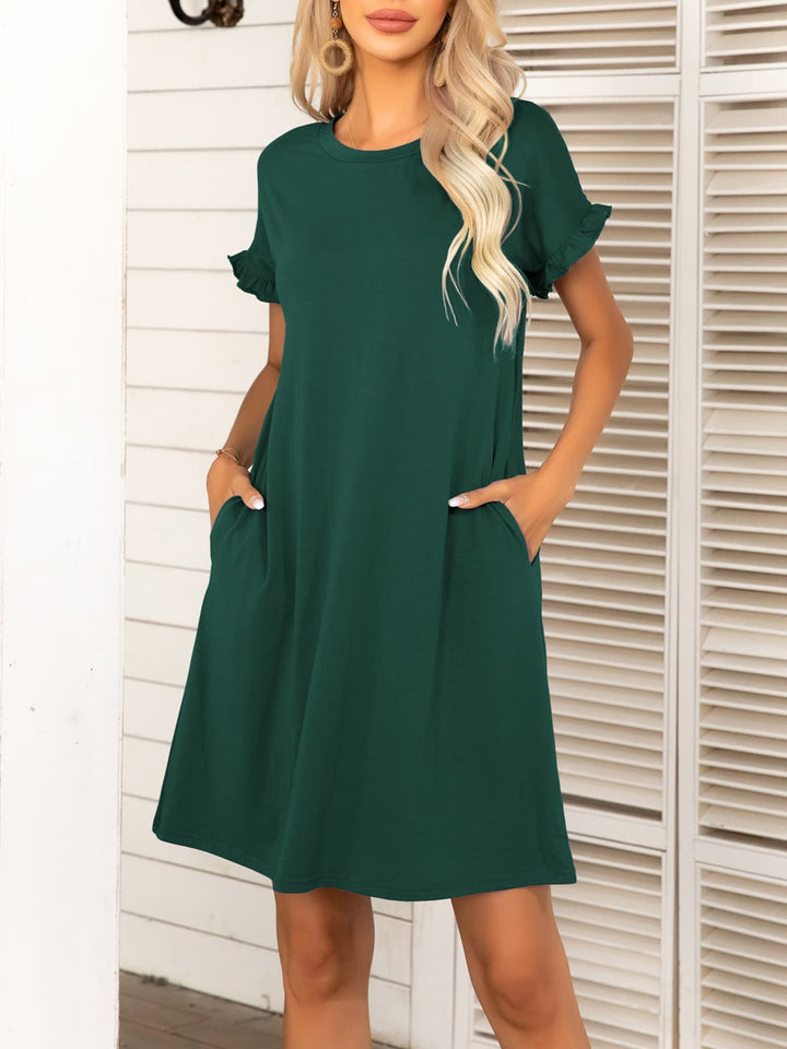 Round Neck Flounce Sleeve Dress with Pockets - Runway Frenzy 