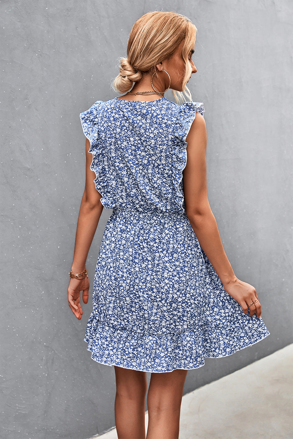 Ditsy Floral Ruffled V-Neck Dress - Runway Frenzy