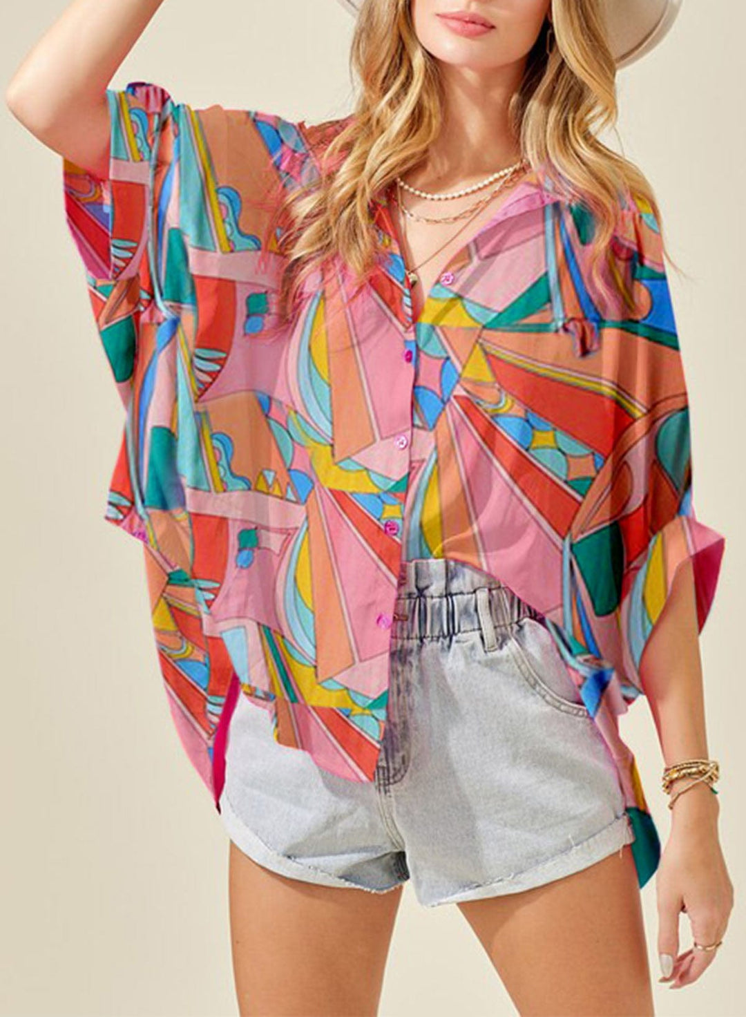 Printed Dolman Sleeve Collared Shirt - Runway Frenzy 