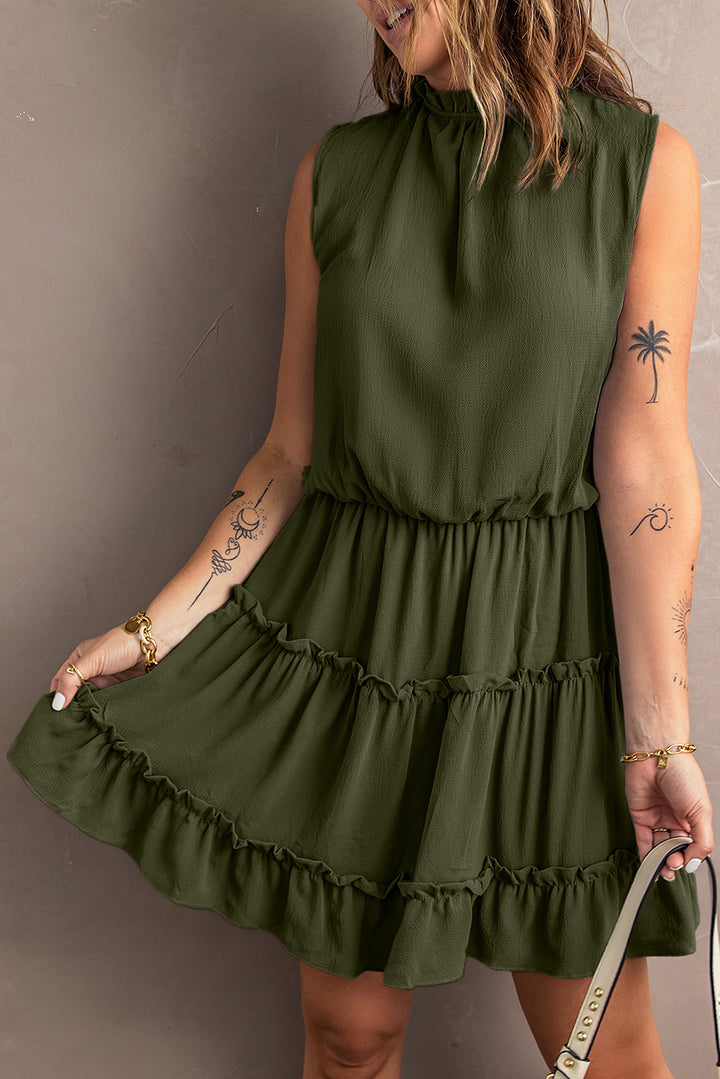 Tie Neck Frill Trim Sleeveless Mini Dress - Runway Frenzy 