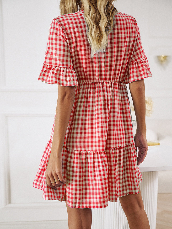 Plaid Flounce Sleeve Buttoned Mini Dress - Runway Frenzy 