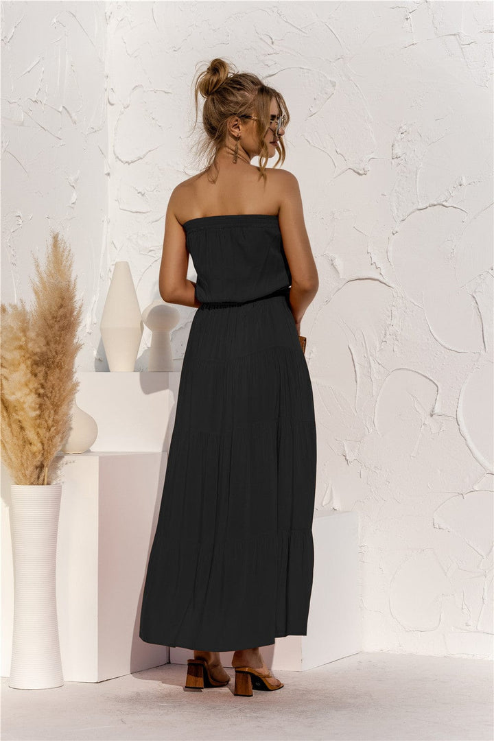 Strapless Tie Waist Tiered Maxi Dress - Runway Frenzy 