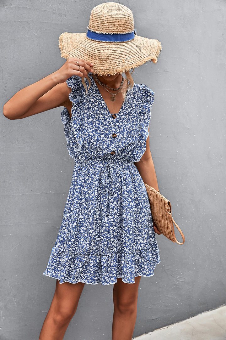 Ditsy Floral Ruffled V-Neck Dress - Runway Frenzy