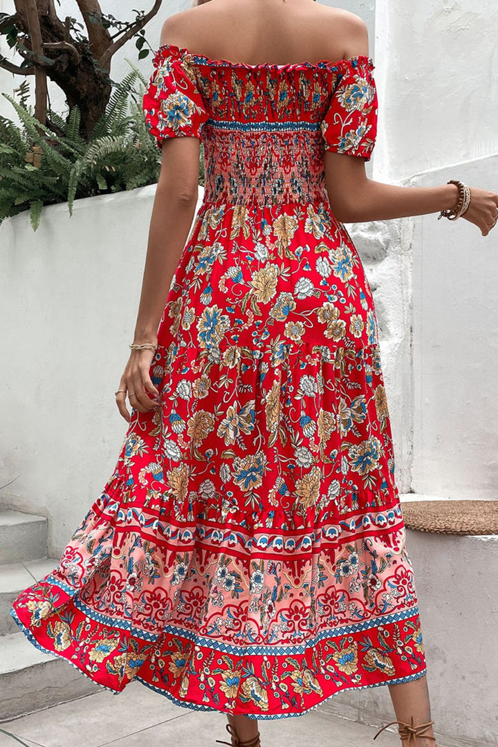 Floral Off-Shoulder Smocked Midi Dress - Runway Frenzy