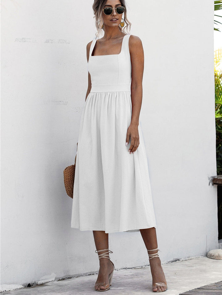 Square Neck Sleeveless Smocked Midi Dress - Runway Frenzy 