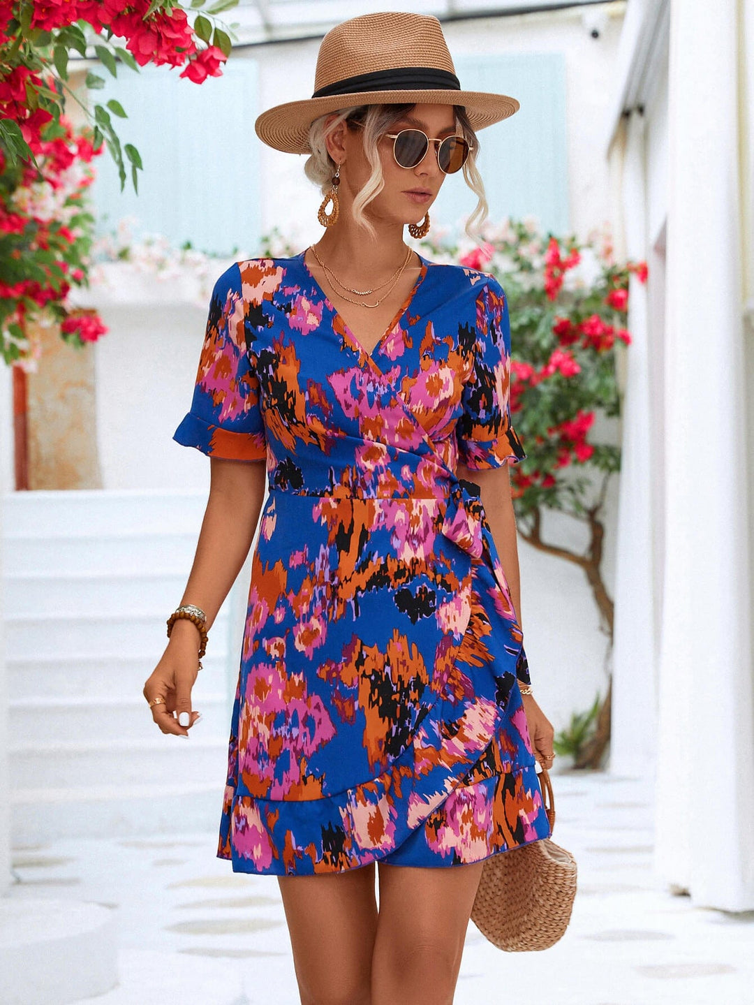 Printed Flounce Sleeve Tied Dress - Runway Frenzy 