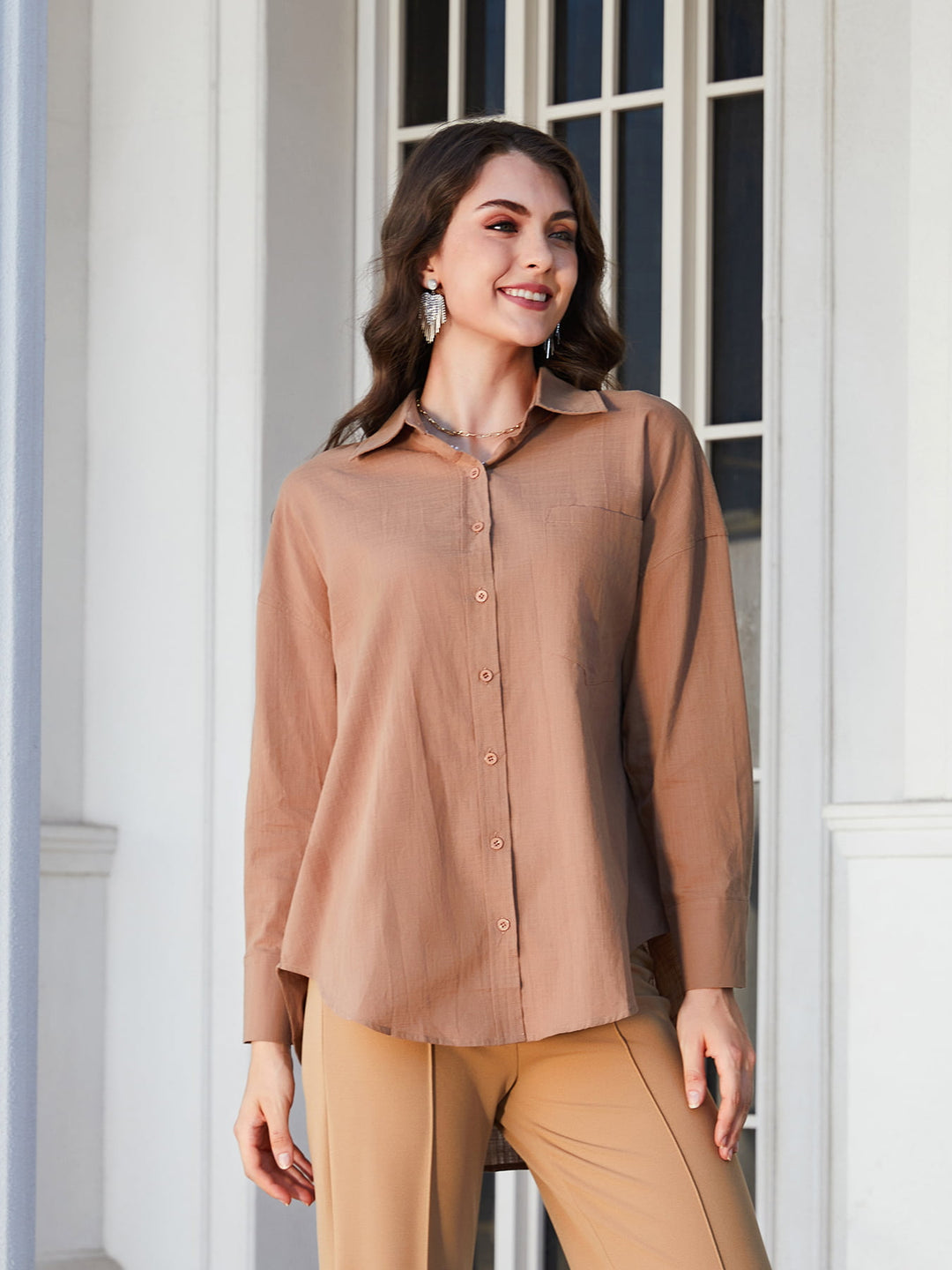 Dropped Shoulder Collared High-Low Shirt - Runway Frenzy
