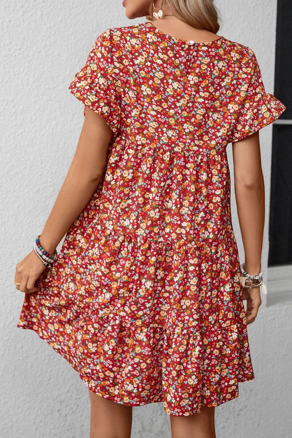 Floral Round Neck Flounce Sleeve Dress - Runway Frenzy