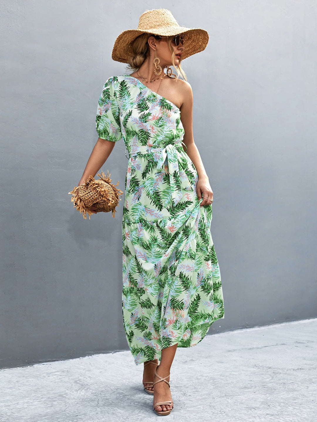 Printed Tie Waist One Shoulder Maxi Dress - Runway Frenzy