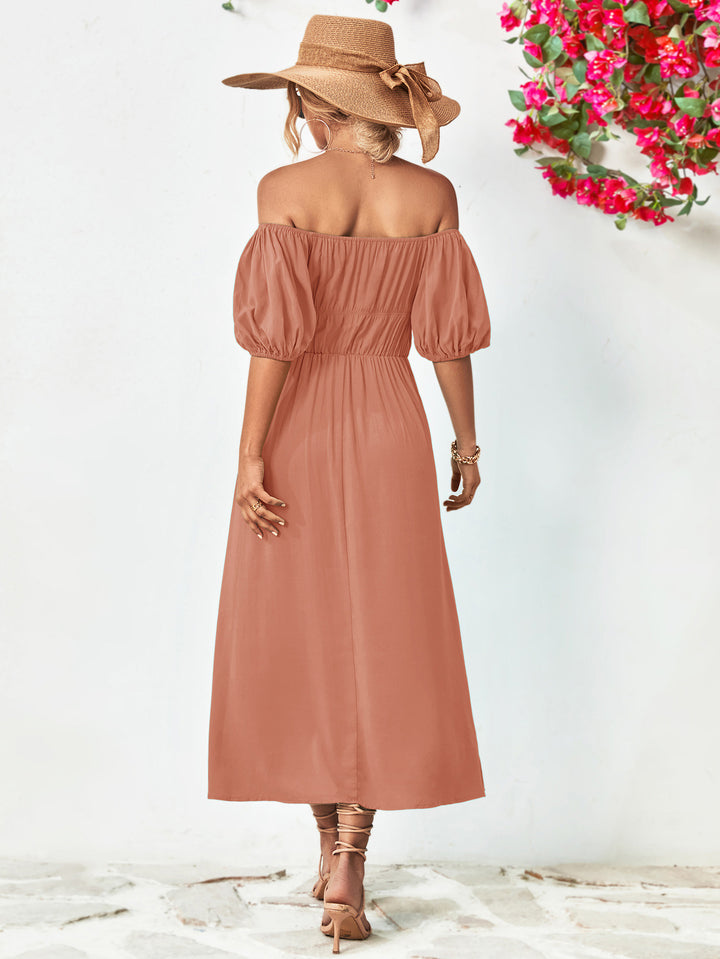 Off-Shoulder Balloon Sleeve Midi Dress - Runway Frenzy 