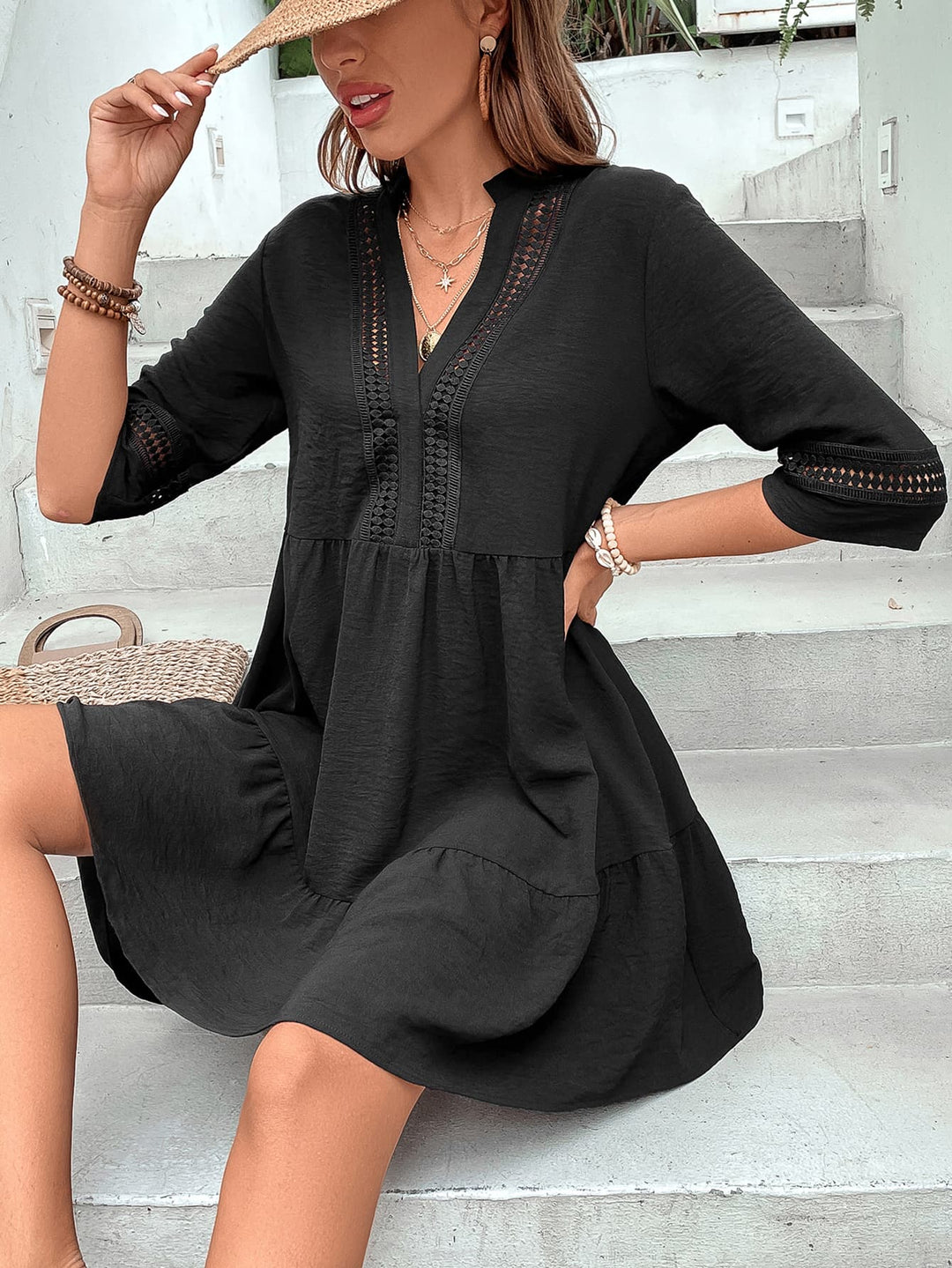 Notched Neck Half Sleeve Dress - Runway Frenzy 