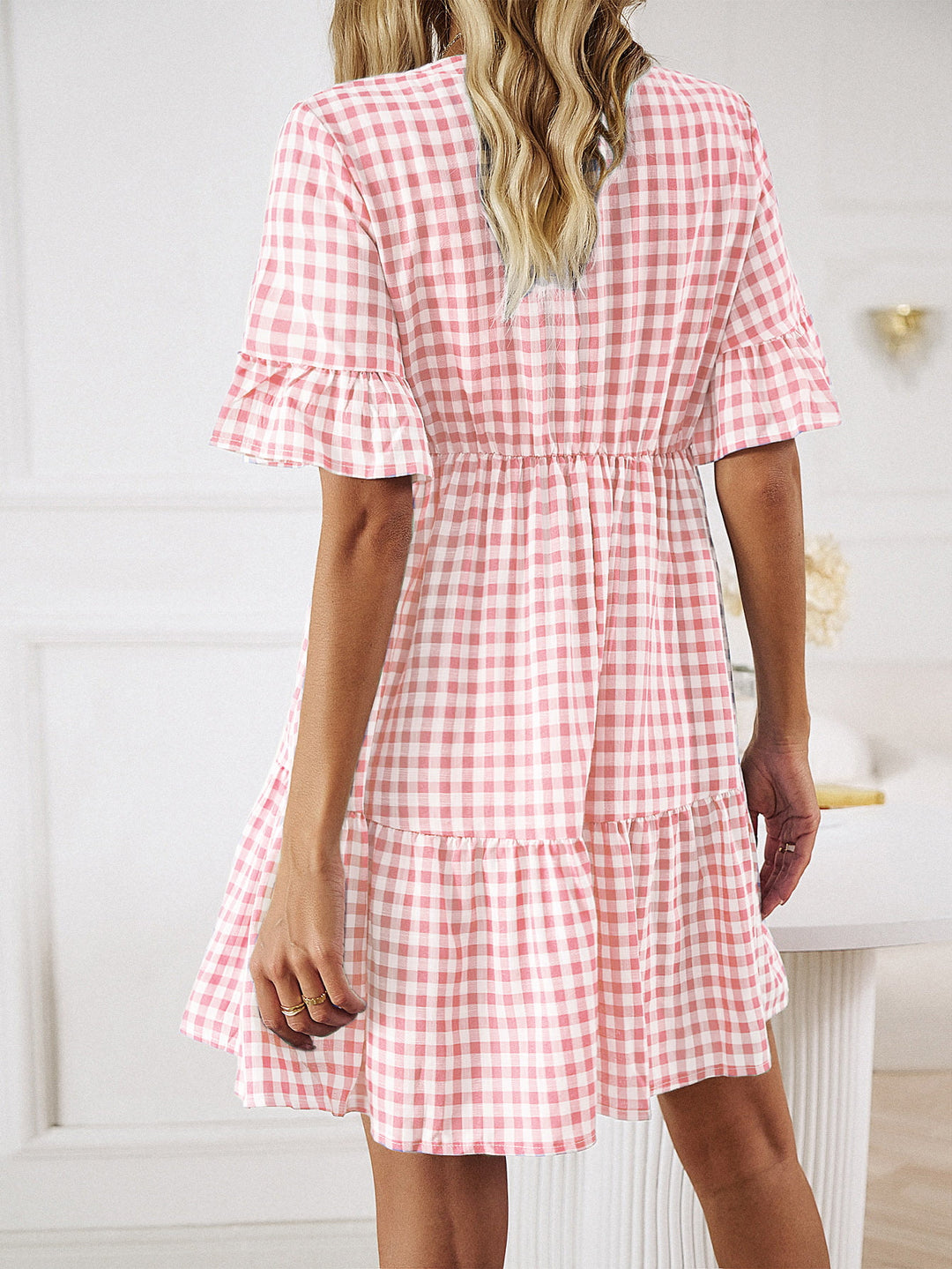 Plaid Flounce Sleeve Buttoned Mini Dress - Runway Frenzy 