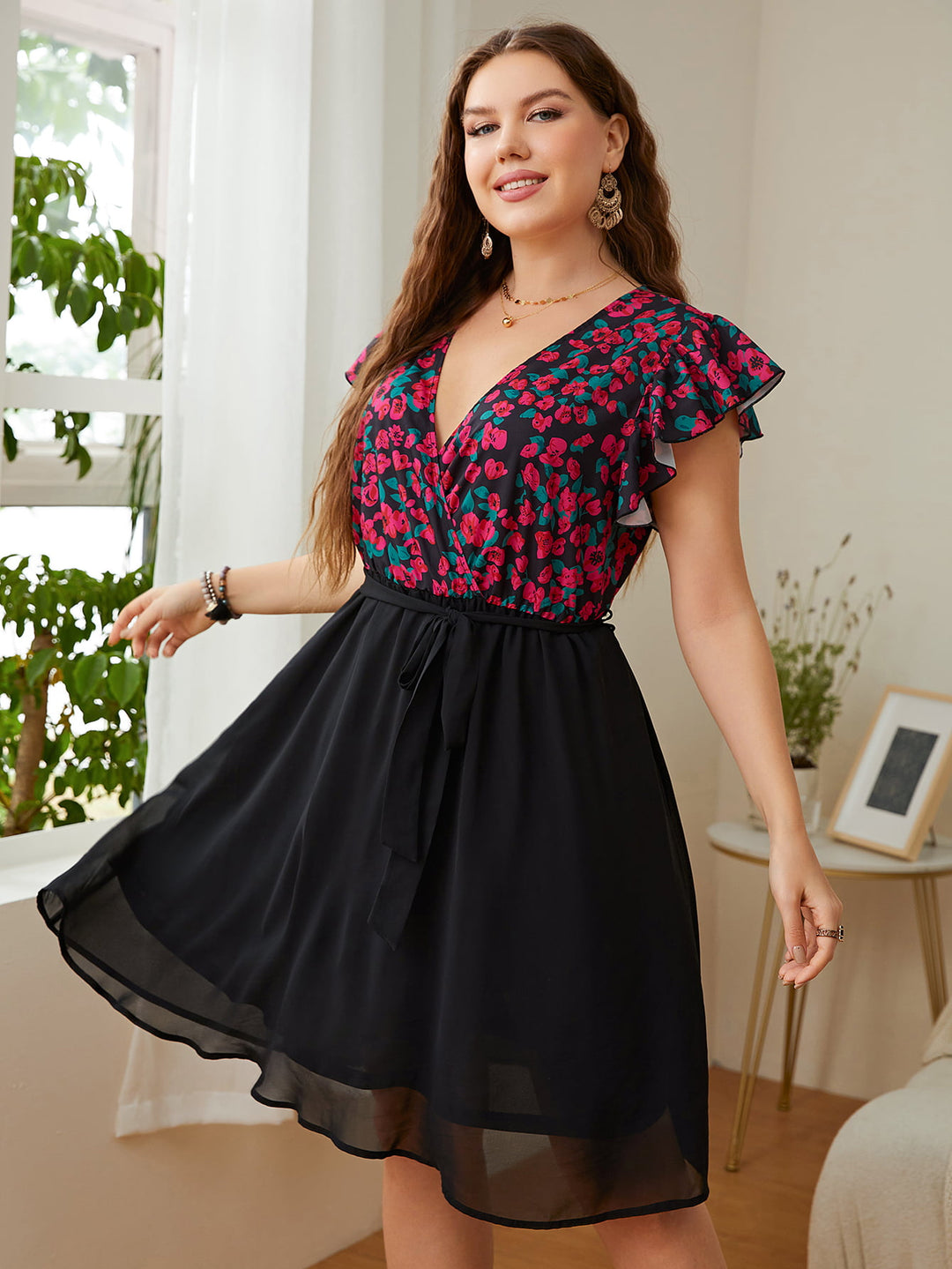 Plus Size Floral Surplice Neck Flutter Sleeve Dress - Runway Frenzy 