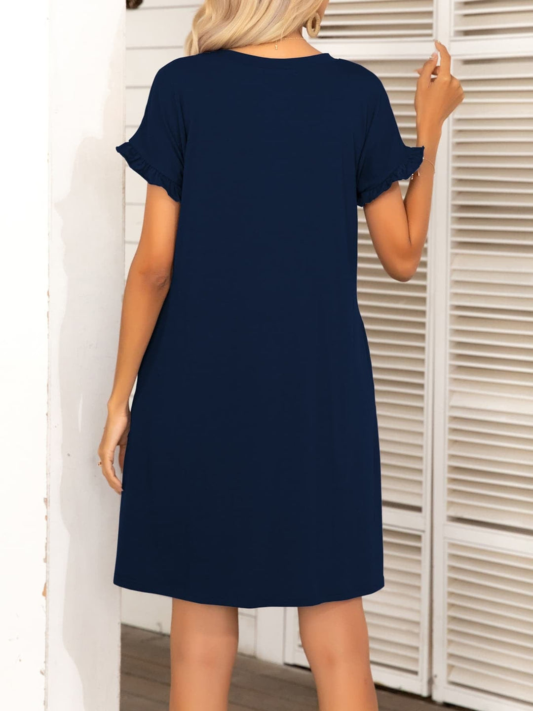 Round Neck Flounce Sleeve Dress with Pockets - Runway Frenzy 