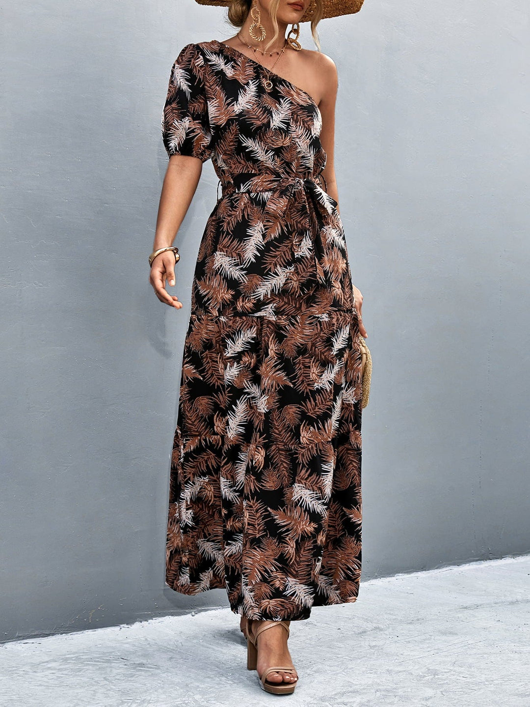 Printed Tie Waist One Shoulder Maxi Dress - Runway Frenzy