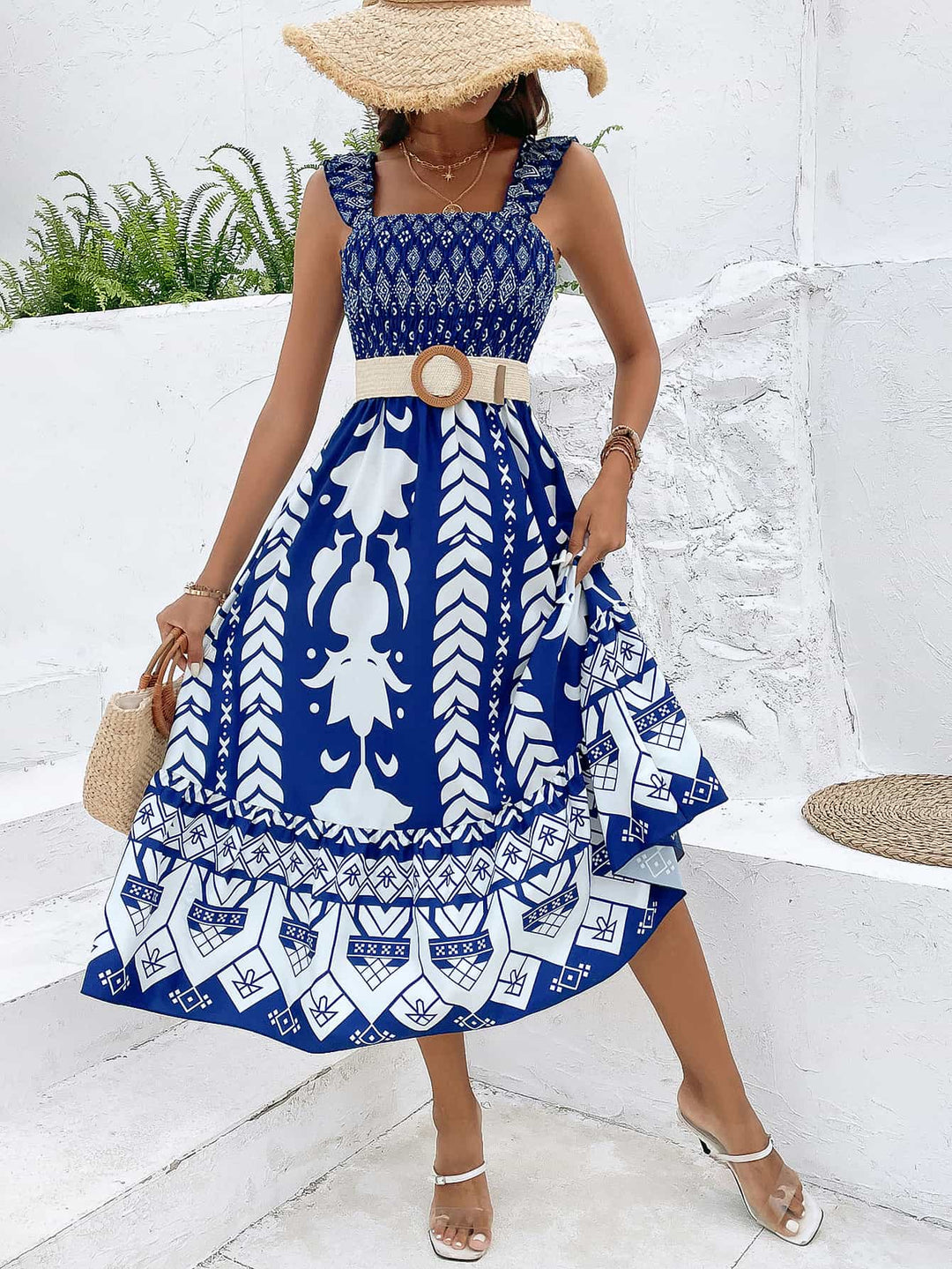 Printed Square Neck Sleeveless Midi Dress - Runway Frenzy