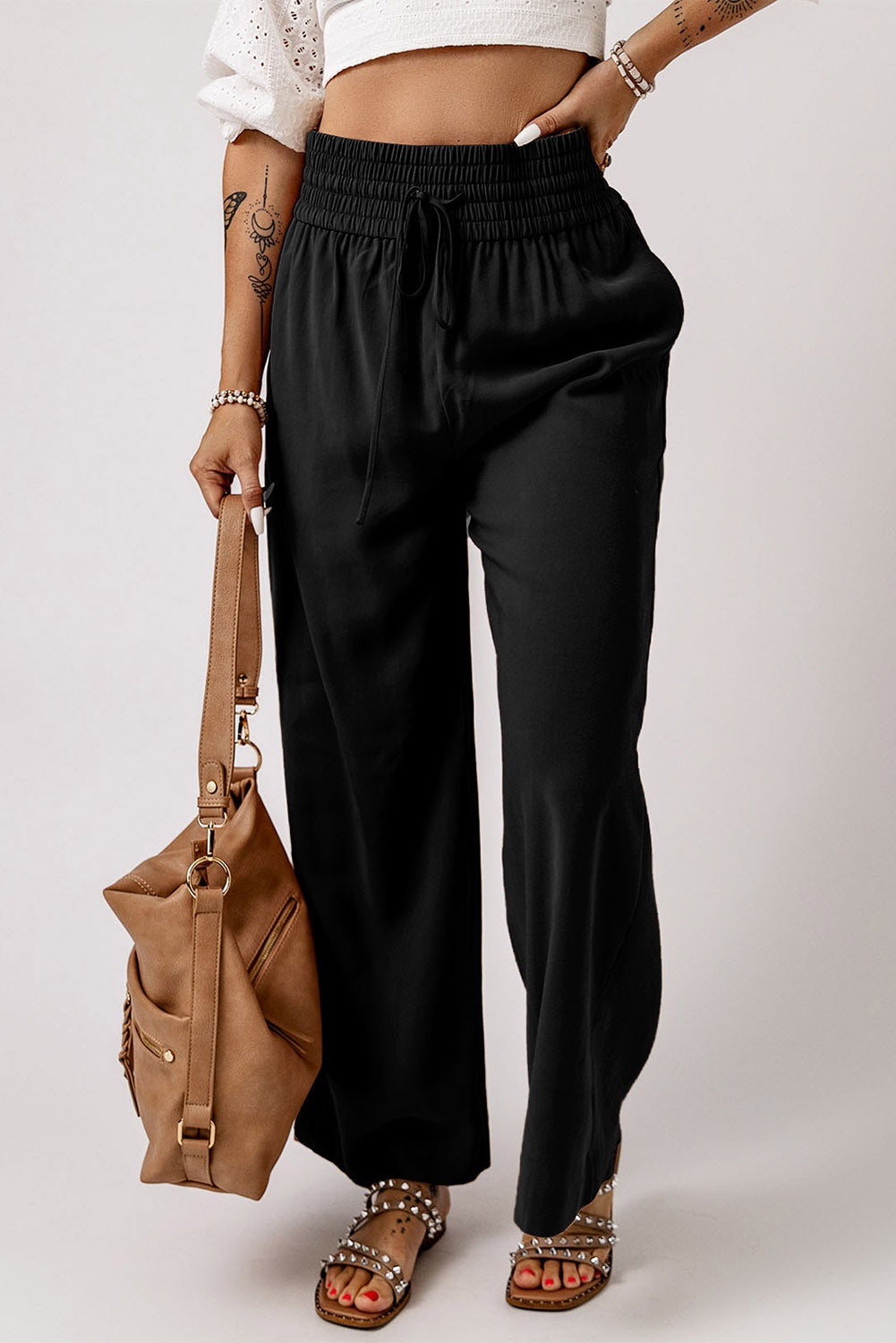 Drawstring Smocked Waist Wide Leg Pants - Runway Frenzy