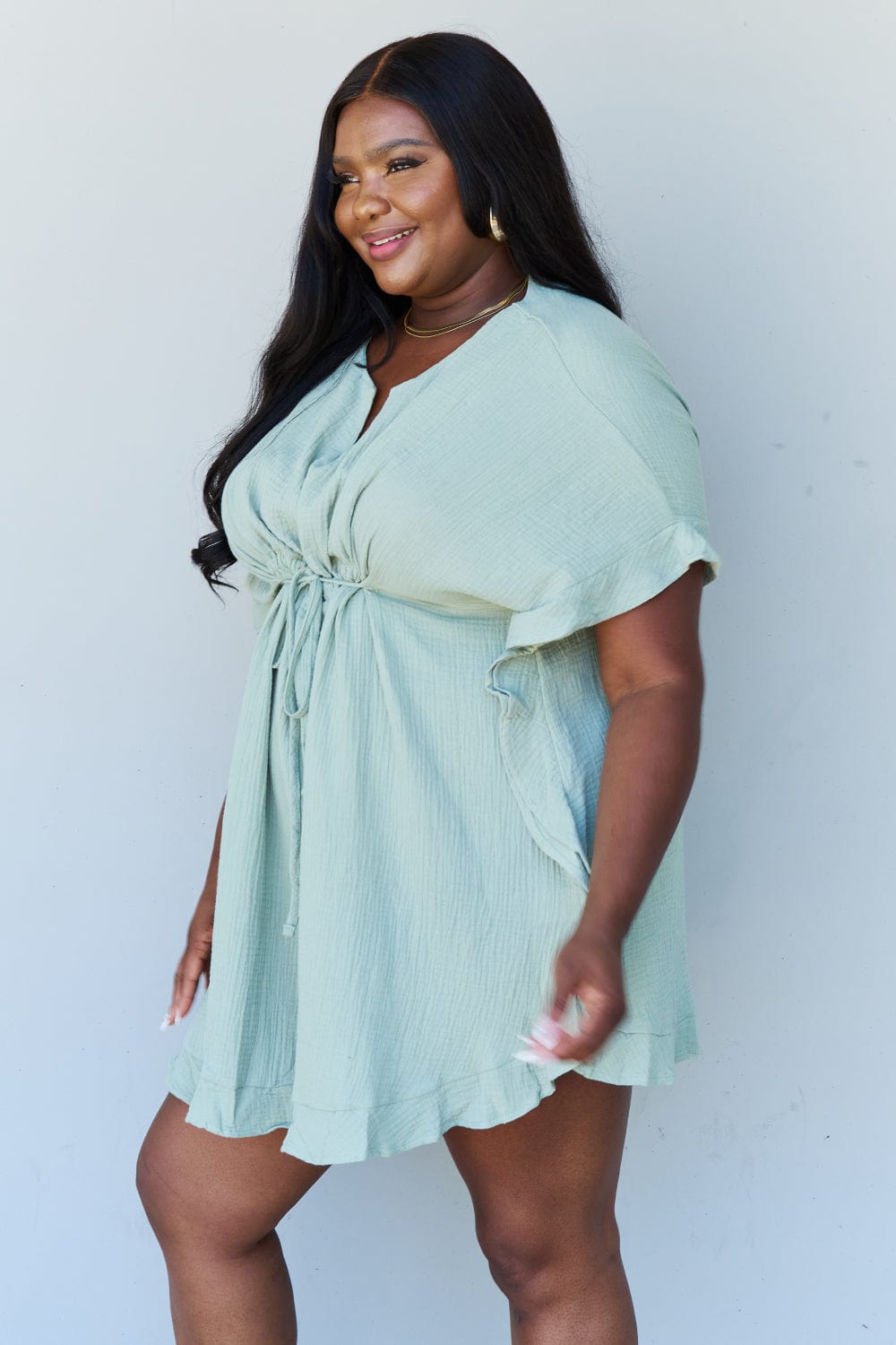 Ninexis Out Of Time Full Size Ruffle Hem Dress with Drawstring Waistband in Light Sage - Runway Frenzy 