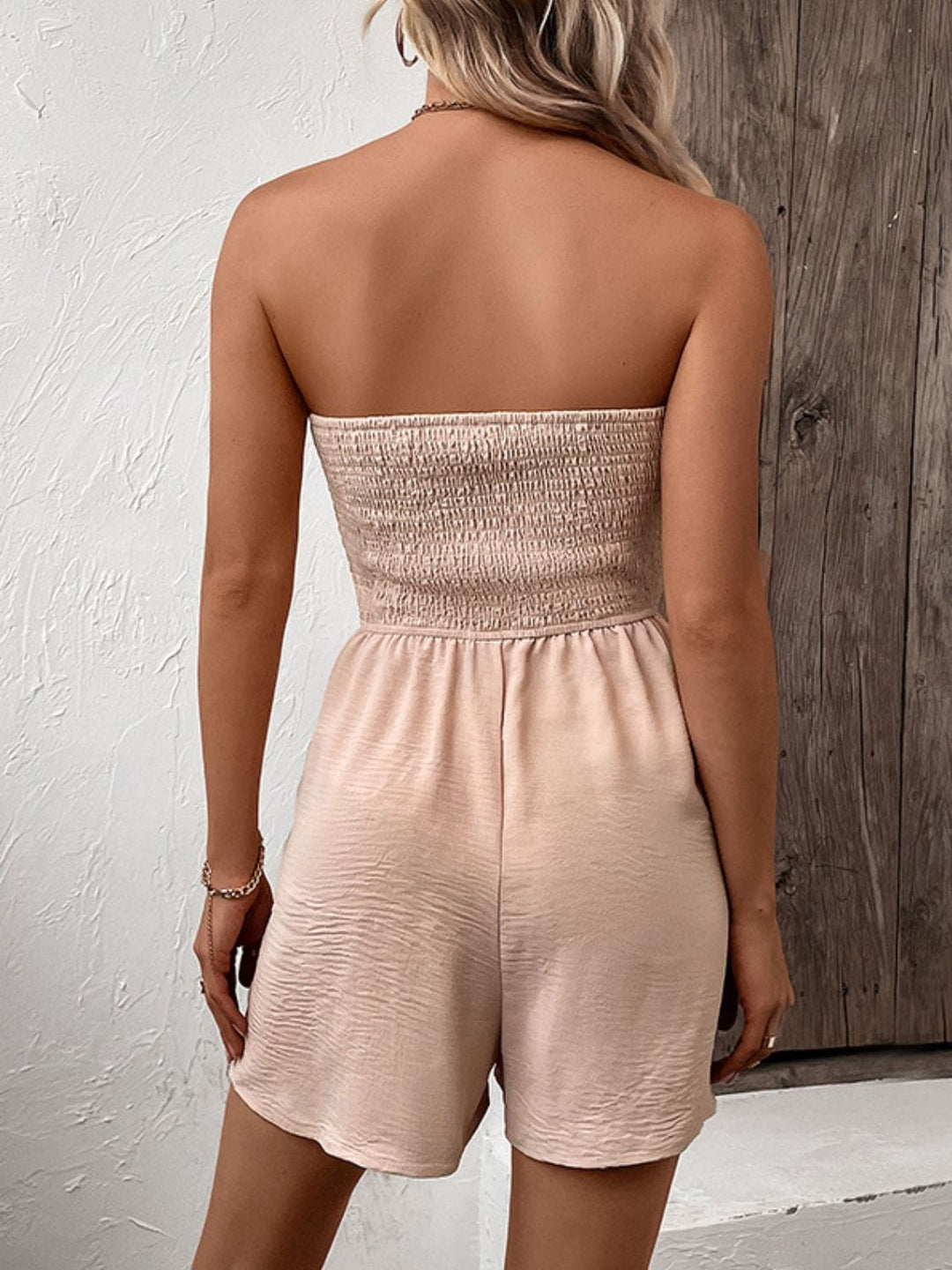 Decorative Button Smocked Strapless Romper - Runway Frenzy