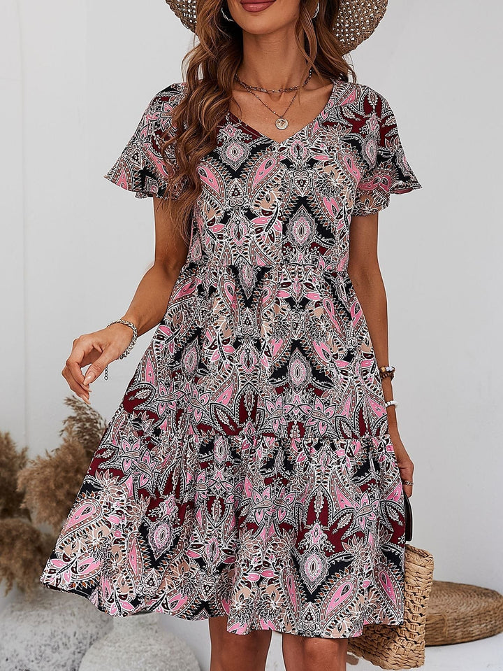 Printed V-Neck Tiered Dress - Runway Frenzy 