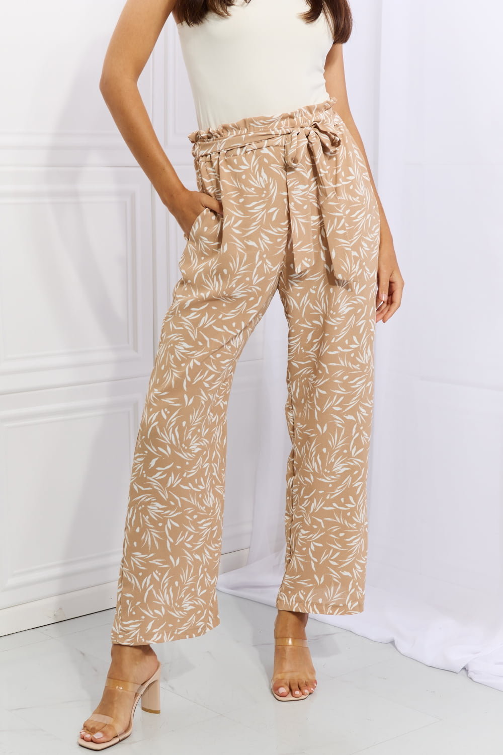 Heimish Right Angle Full Size Geometric Printed Pants in Tan - Runway Frenzy